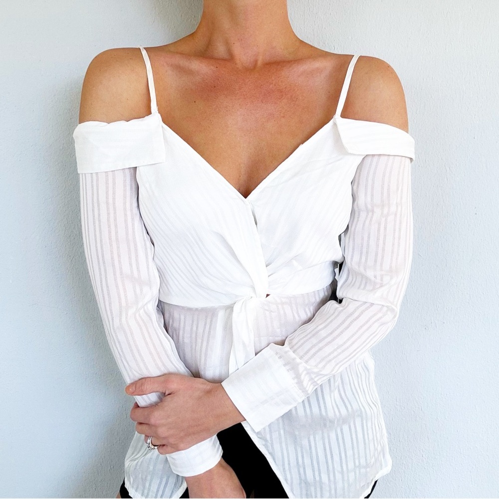 Parallel Lines white stripe twist front off-shoulder long sleeve blouse XS